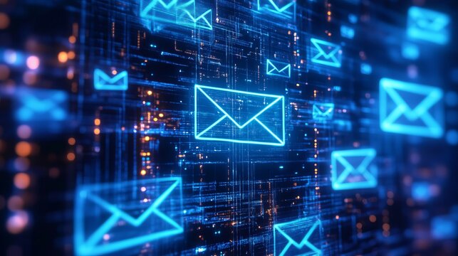 Digital email icons floating in a futuristic blue network grid - Powered by Adobe