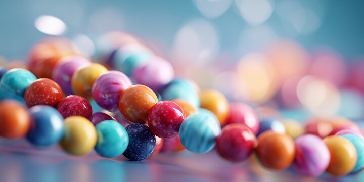 Colorful beads arranged in a decorative pattern on a blue background  