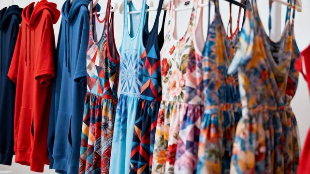 Medium shot featuring diverse garments lined up displaying the endless color variations and unique pattern possibilities achievable with sublimation printing.