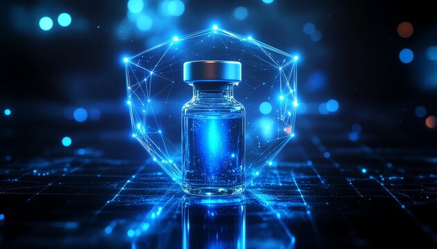 Futuristic medical vial protected by digital glowing shield and plexus network on dark blue background.