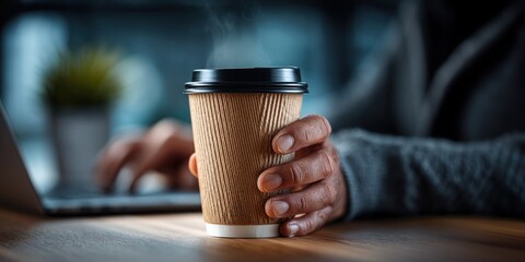 A person is holding a coffee cup with steam coming out of it