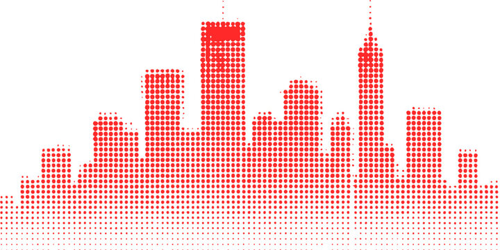 A vibrant New York City skyline vector illustration features a red silhouette of urban skyscrapers and business towers designed as a modern music sound equalizer landscape