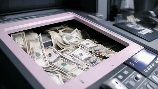 Medium shot capturing a cash sorting unit emphasizing enhanced accuracy through integrated counterfeit detection and verification technology.