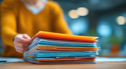 A person is holding a stack of papers, some of which are colorful