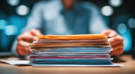 A person is holding a stack of papers, which are yellow and blue