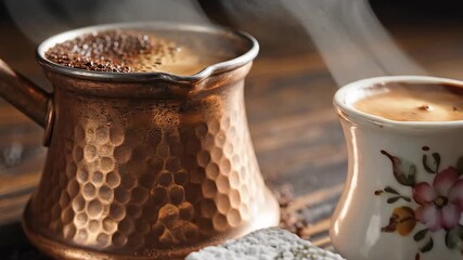 Authentic Turkish coffee freshly brewed in a traditional copper cezve steaming hot with a rich frothy top ready to be enjoyed as a cultural morning ritual or a relaxing break often served alongside s.