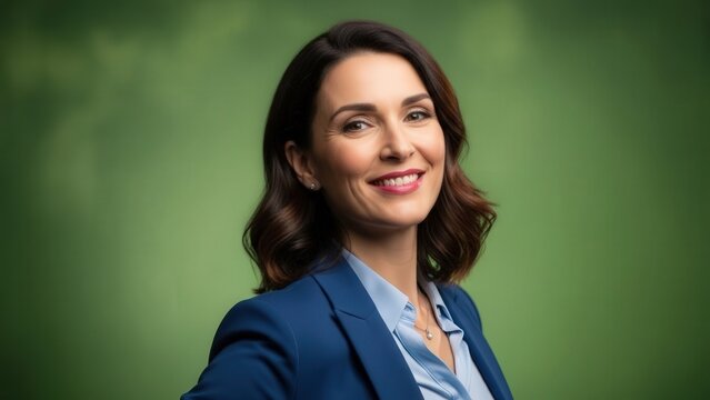Confident professional woman smiling in a vibrant green outdoor setting wearing a blue blazer and