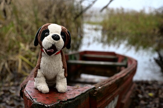 A stuffed dog sits on the stern of a boat on a small pond.