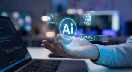 Person using artificial intelligence prompt interface for marketing and chat