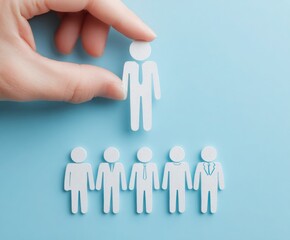 A hand is holding up a white man with a tie and five other men behind him