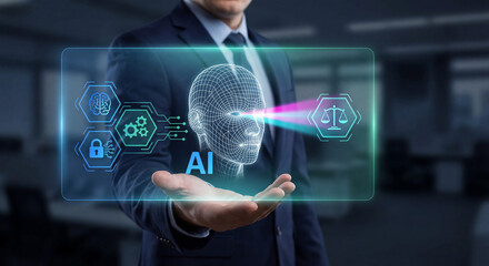 Businessman holding futuristic artificial intelligence hologram with ethical icons