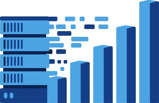 Dynamic graphic showcasing rising AI demand with data servers and a growing bar chart. Modern, blue color scheme. Ideal for tech and business visuals.