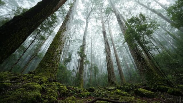Ultra HD Low angle view of towering, mosscovered eucalyptus trees disappearing into the misty, foggy canopy of a dense, ancient rainforest video
