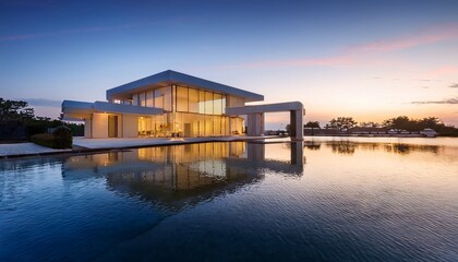 Fototapeta premium serene modern architectural masterpiece with tranquil water reflection at twilight embodying minimalist design and peaceful ambiance