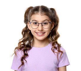Obraz premium Portrait of smiling girl in glasses posing on white background