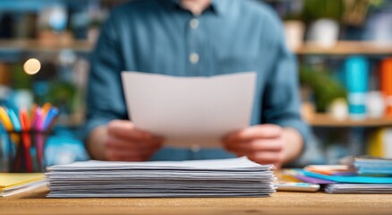 A man is reading a piece of paper on a desk