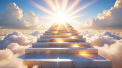 A radiant stairway ascends through ethereal clouds toward a blinding golden sunburst.