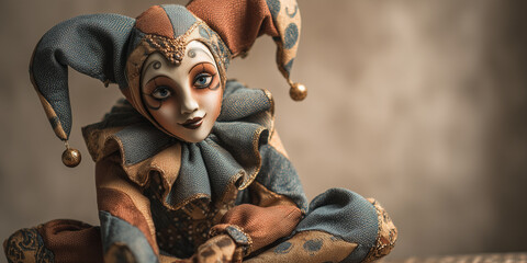 Harlequin doll sitting with a playful expression in warm light