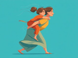 Illustration depicts a woman joyfully carrying a child on her back against a vibrant blue background, celebrating a bond