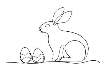 Easter Bunny Mascot with Decorated Eggs Line Art