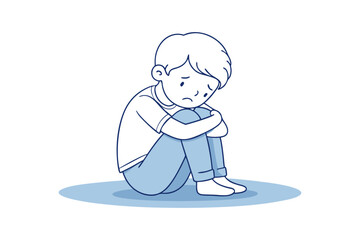 Unhappy Little Boy Expressionless Sitting Line Art