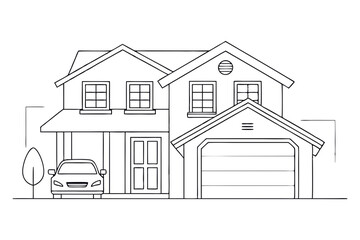 Residential House Exterior with Attached Garage Line Art