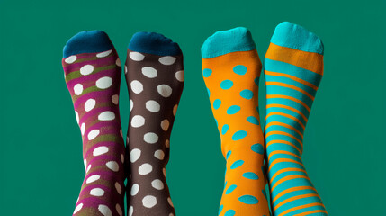 Two feet with ugly socks on a green background, peculiar comfort concept
