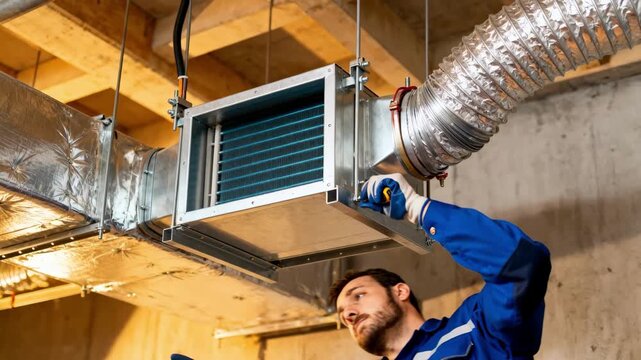 Installer adjusting vents and assembling a ducted HVAC systems internal components in a commercial building focusing on air distribution and secure fitting.