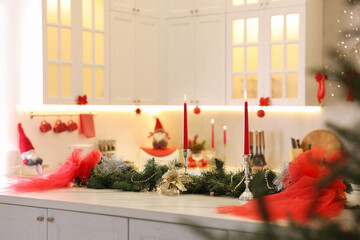 Christmas decor on countertop in kitchen. Interior design