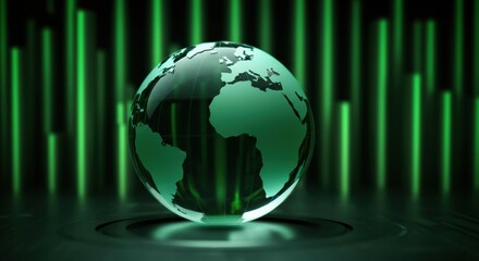 Glass globe with world map on glowing green background and vertical bars