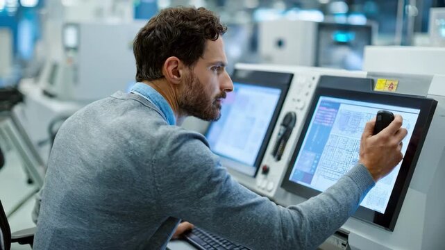 Medium shot of office worker monitoring automated scanning system interface illustrating control and accuracy in document digitization workflow.