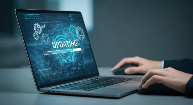 Laptop updating software with progress bar and futuristic interface on screen - Powered by Adobe