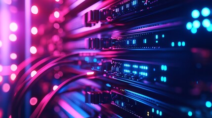 Close-up of vibrant server racks with illuminated network cables in data center