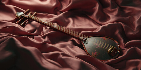 Traditional musical instrument on soft silk fabric background  