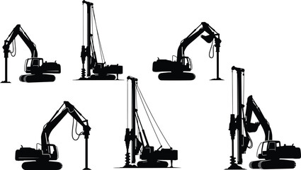 Construction piling rig silhouette set hydraulic drilling machines vector illustration isolated on white background for civil engineering projects © Hanif World
