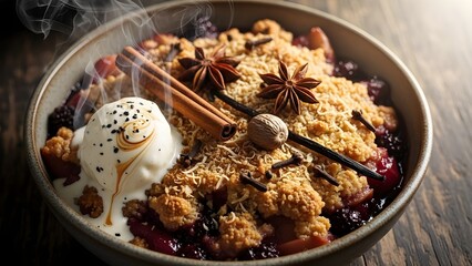 Fototapeta premium Warm fruit crumble dessert with vanilla ice cream, cinnamon sticks, star anise, and nutmeg on a dark wooden table, steaming hot