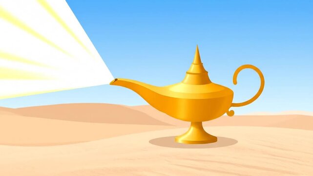 Golden Genie Lamp in Desert.