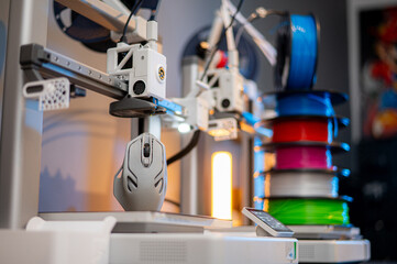 3D printer. Blank Empty 3D printer. 3D printer not working. Blank clean 3D printer desktop without printing process.