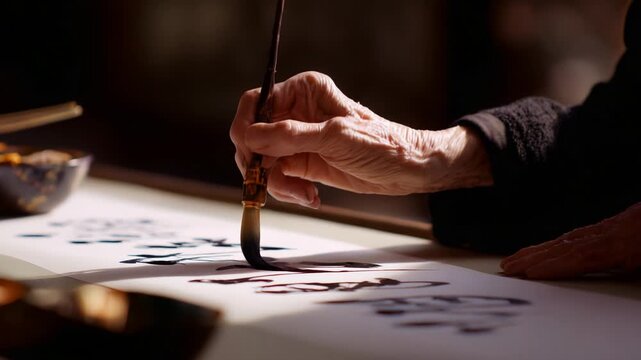 Masterful Calligraphy in Motion: An Artist's Hand Captivatingly Writes Symbolic Characters in Ink, Showcasing the Precision and Beauty of Traditional Brush Techniques