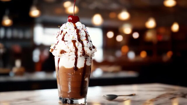 Classic old-fashioned root beer float served in a tall glass with scoops of vanilla ice cream, whipped cream, chocolate drizzle, colorful sprinkles, and a cherry on top. Video made using Generative AI