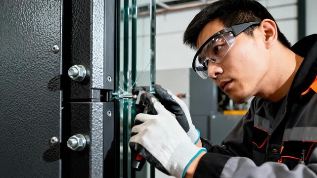 Technician carefully fitting thick bulletproof glass into a sturdy metal frame ensuring maximum security and durability in a controlled industrial environment.