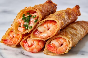 Shrimp rolls stacked on a marble surface with visible shrimp and green garnish showing