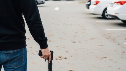 Fototapeta premium Person walking with umbrella