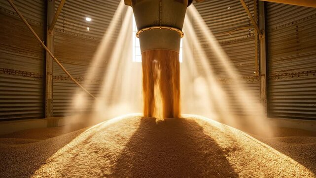 Grain processing in silo with light rays illuminating the falling grain