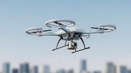 Futuristic drone with camera for aerial photography and videography hovering in the sky above a blurred cityscape