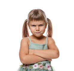 Angry little girl in dress with crossed arms on white background