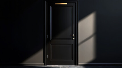An elegant, black, paneled door stands closed against a dark gray wall, illuminated by a beam of sunlight, casting light on the wall to the right of the door.