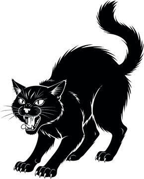 Black silhouette of an aggressive black cat hissing with arched back and bristled fur, vector illustration isolated on White background. Halloween design element.