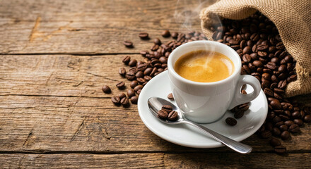Espresso Coffee Cup With Beans On Vintage Table .