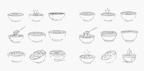 Collection of hand-drawn bowls with various food items and cooking actions in sketch style.